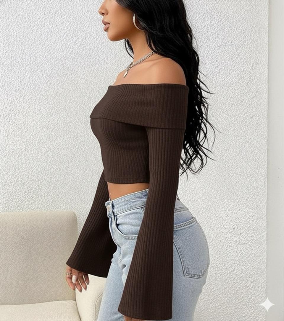 OOTDFY Women's Off Shoulder Bell Sleeve Top product image 3