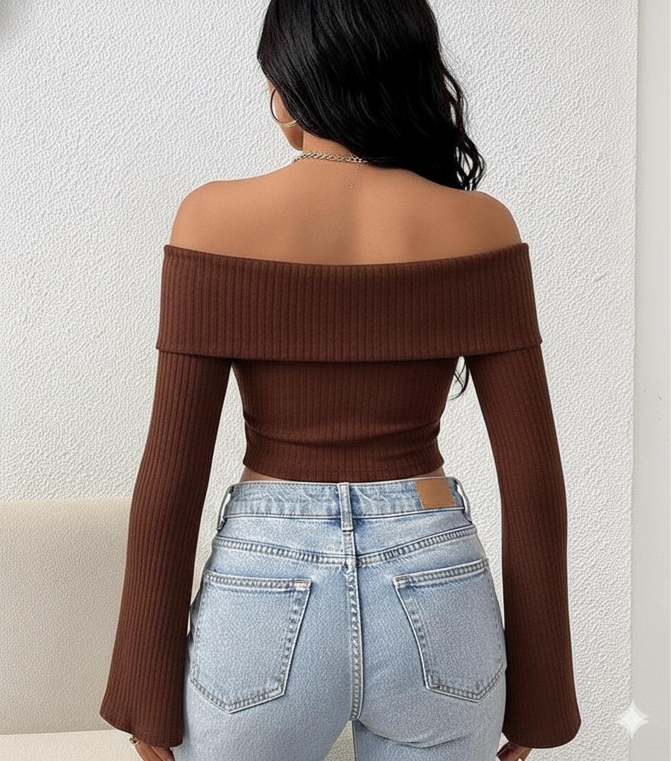 OOTDFY Women's Off Shoulder Bell Sleeve Top product image 4