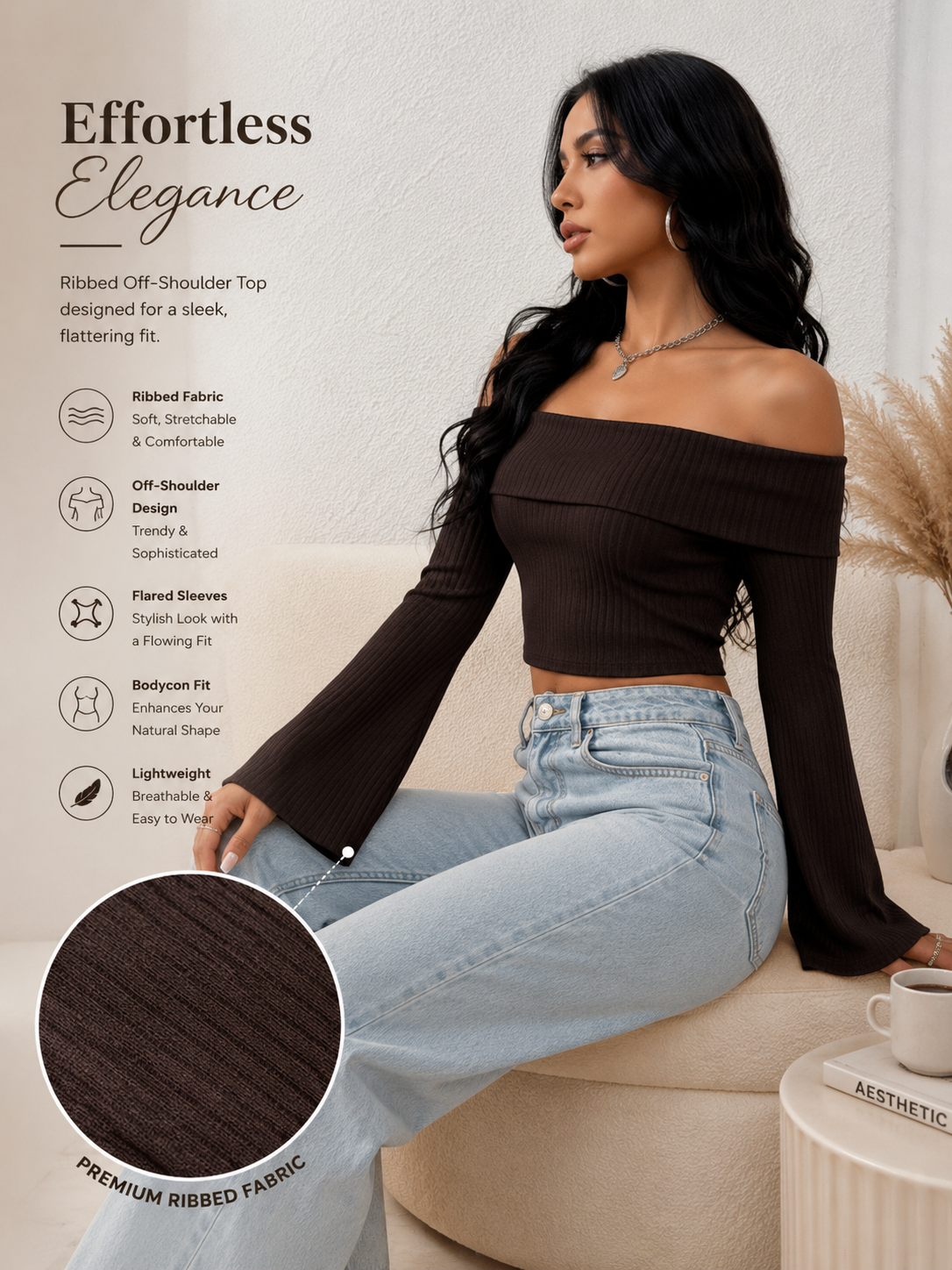 OOTDFY Women's Off Shoulder Bell Sleeve Top product image 5