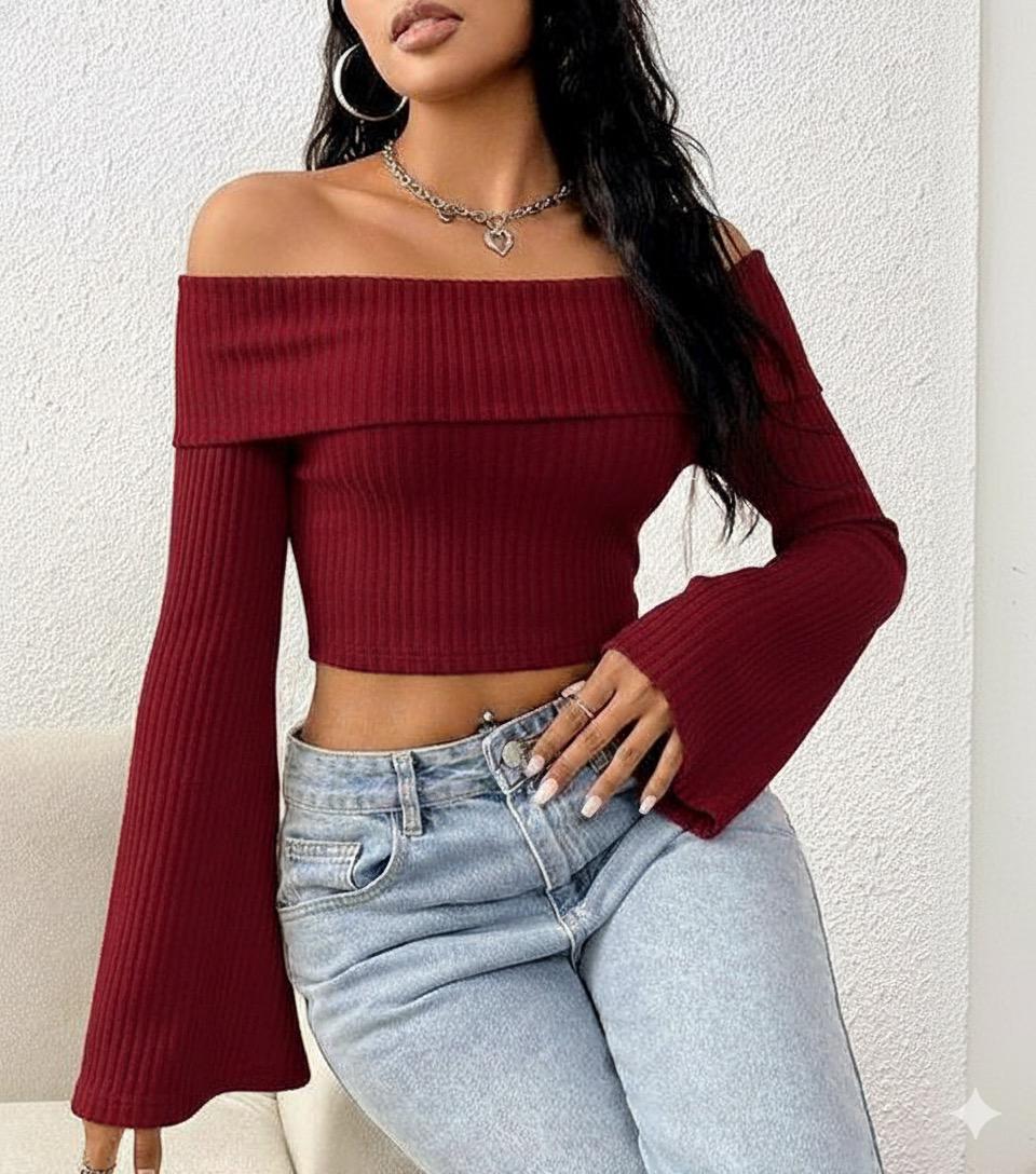 OOTDFY Women's Off Shoulder Bell Sleeve Top product image 7