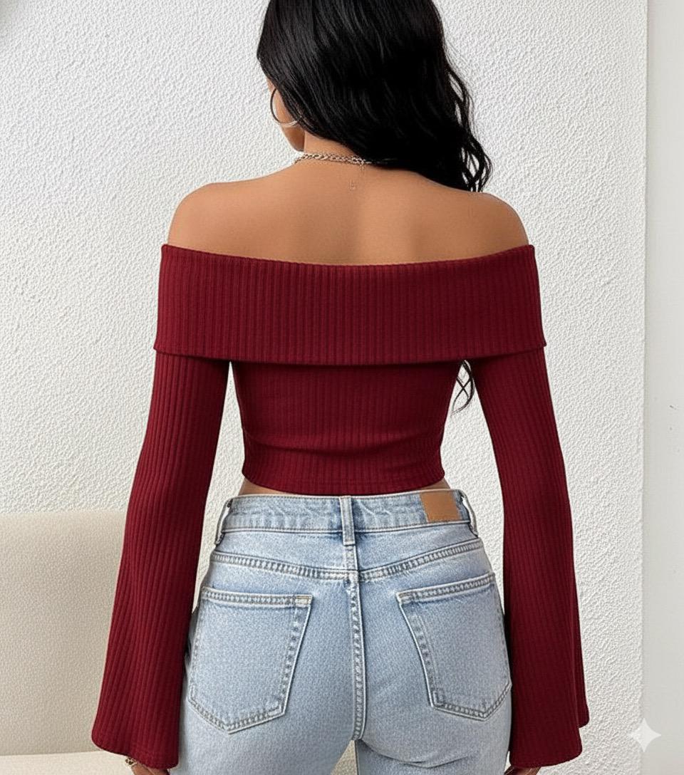 OOTDFY Women's Off Shoulder Bell Sleeve Top product image 8