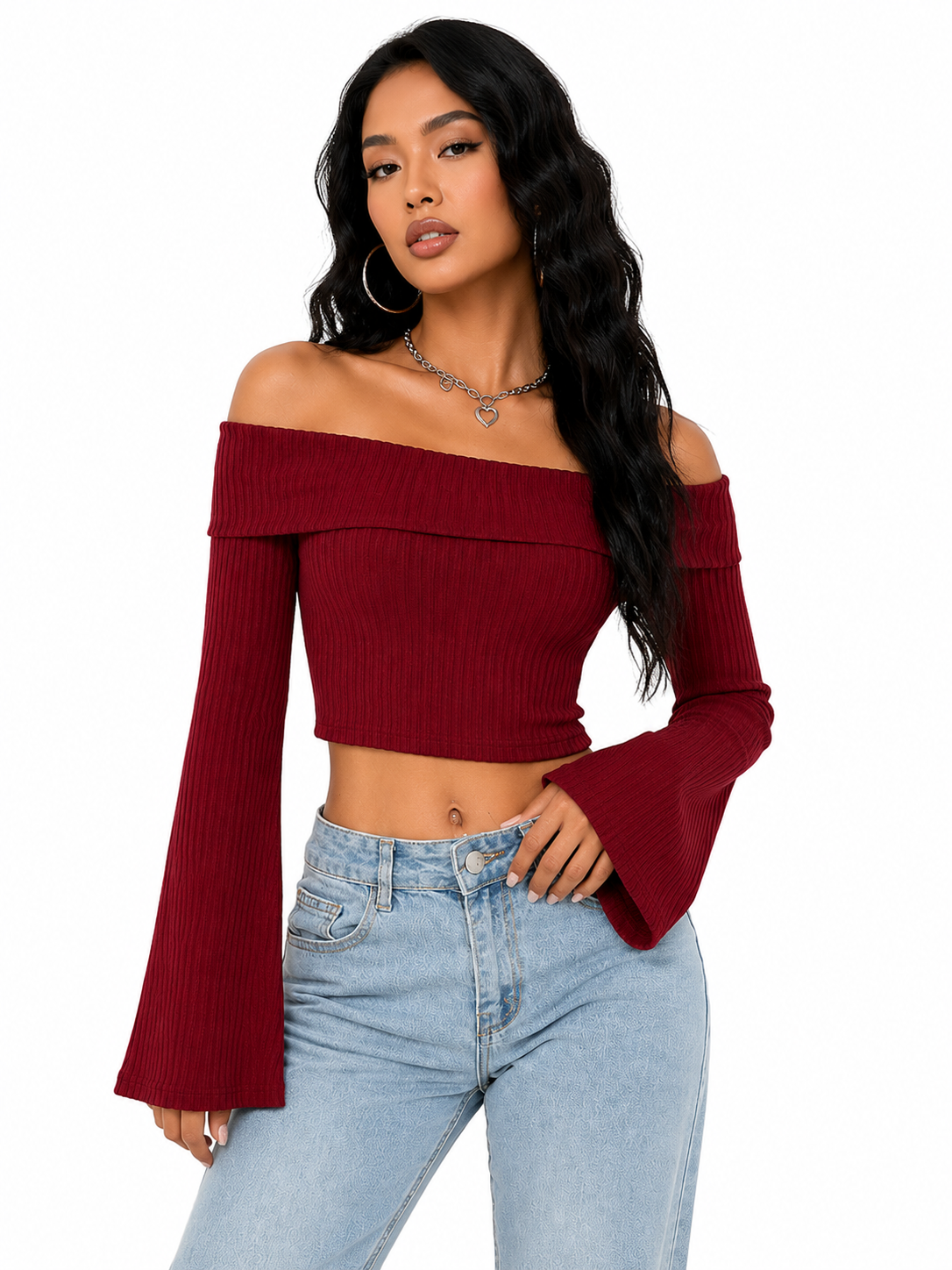 OOTDFY Women's Off Shoulder Bell Sleeve Top product image 9