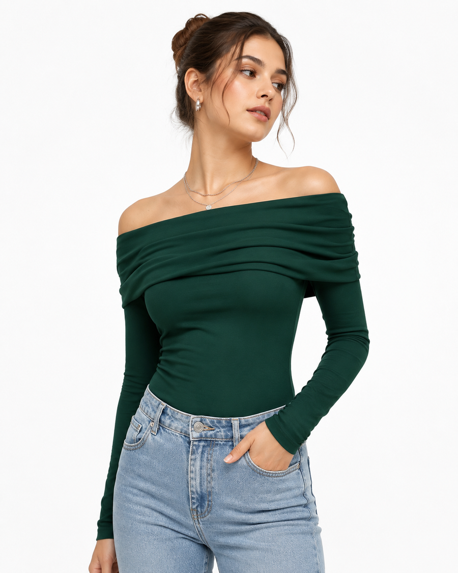 OOTDFY Women's Off Shoulder Full Sleeve Top — Green