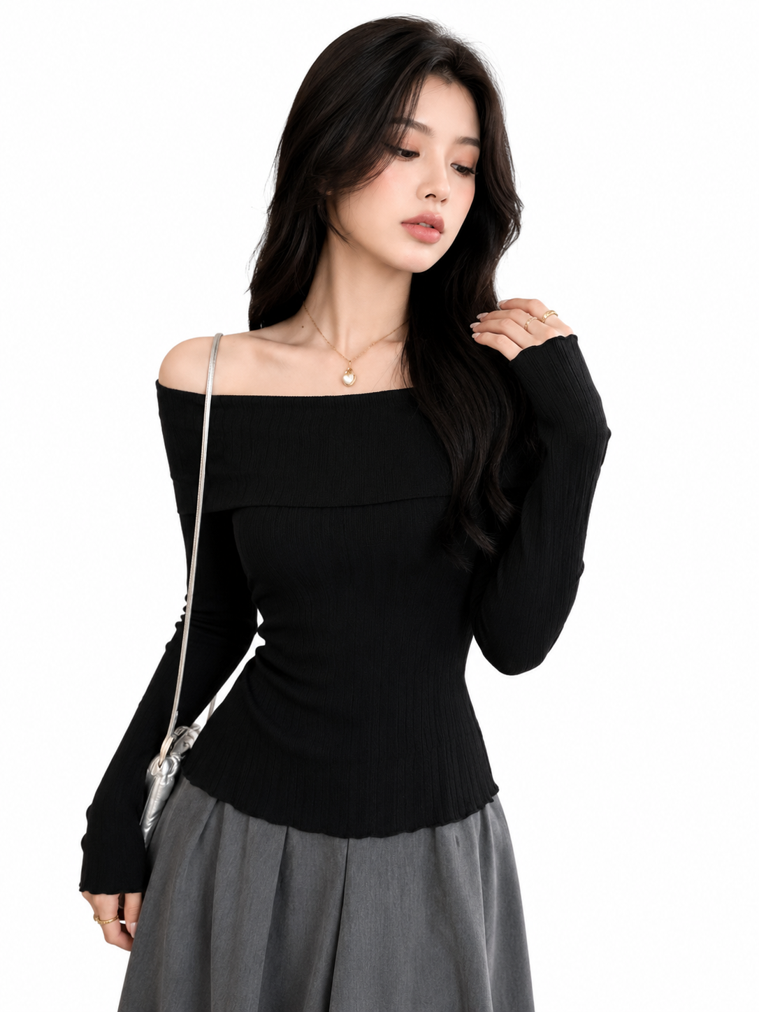 OOTDFY Women's Off Shoulder Side Slit Top — Black