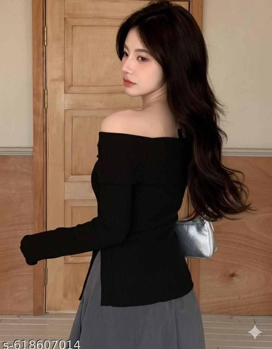 OOTDFY Women's Off Shoulder Side Slit Top product image 4