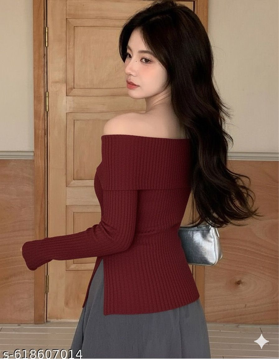 OOTDFY Women's Off Shoulder Side Slit Top product image 9