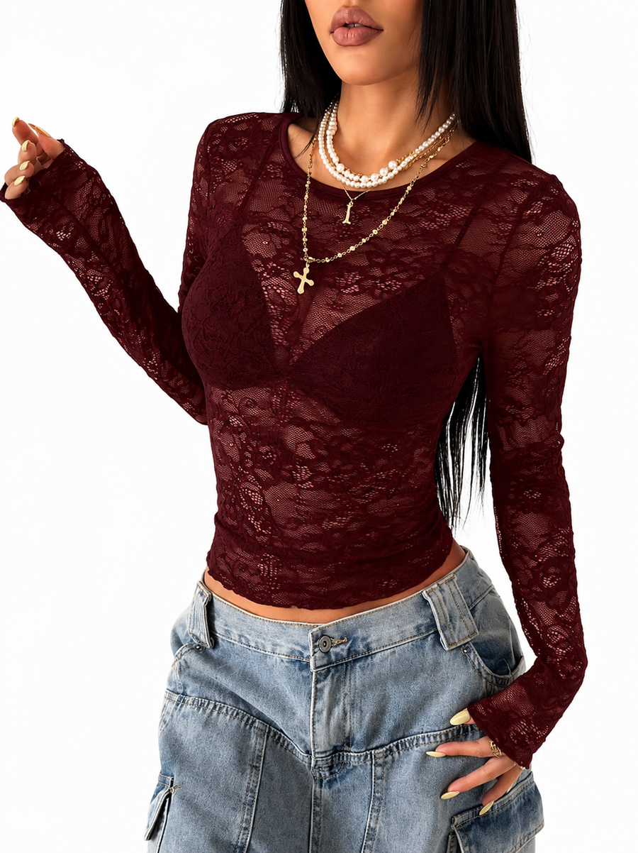 OOTDFY Women's Round Neck Maroon Lace Top — Maroon