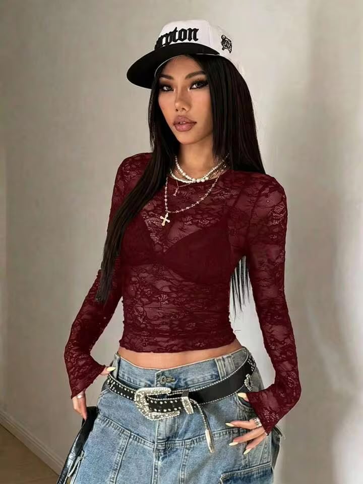 OOTDFY Women's Round Neck Maroon Lace Top product image 2