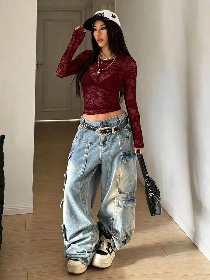 OOTDFY Women's Round Neck Maroon Lace Top product image 3
