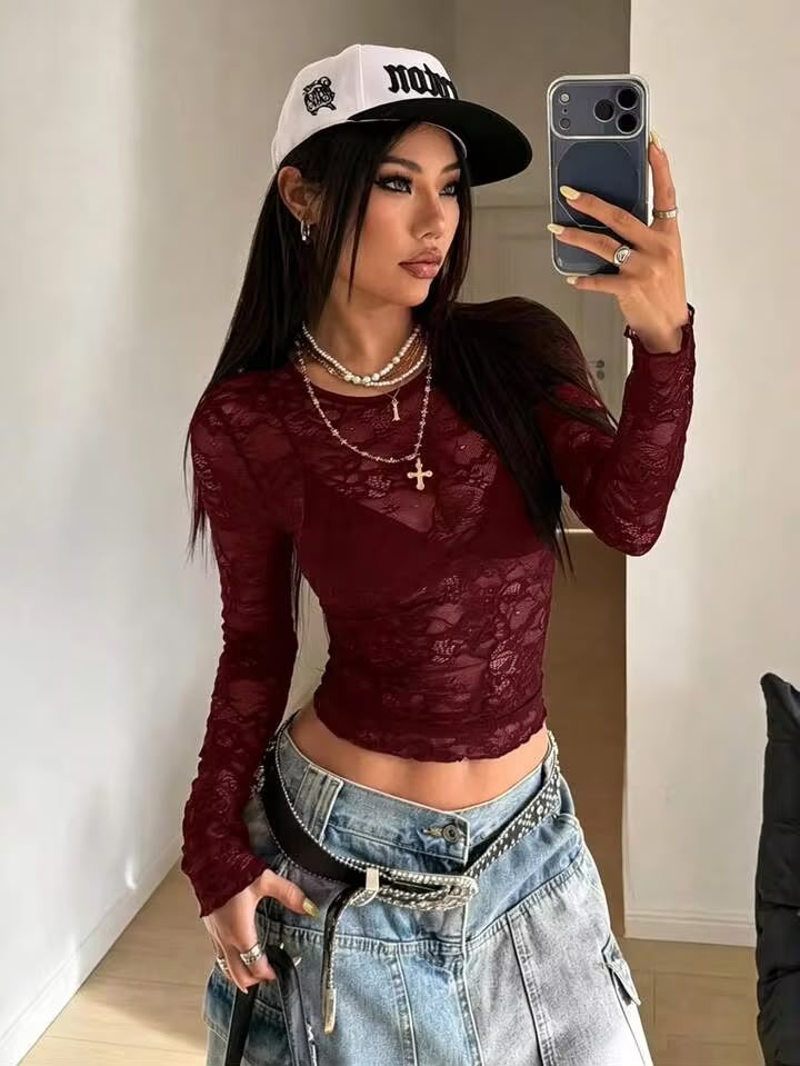 OOTDFY Women's Round Neck Maroon Lace Top product image 4