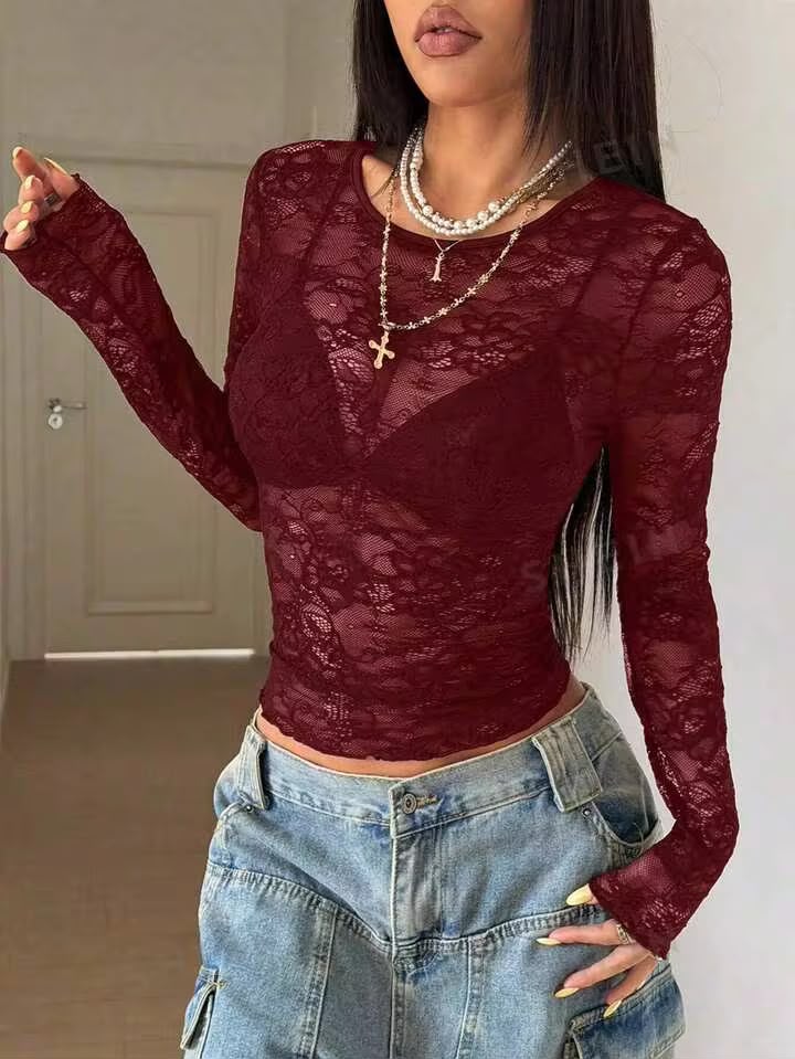 OOTDFY Women's Round Neck Maroon Lace Top product image 6