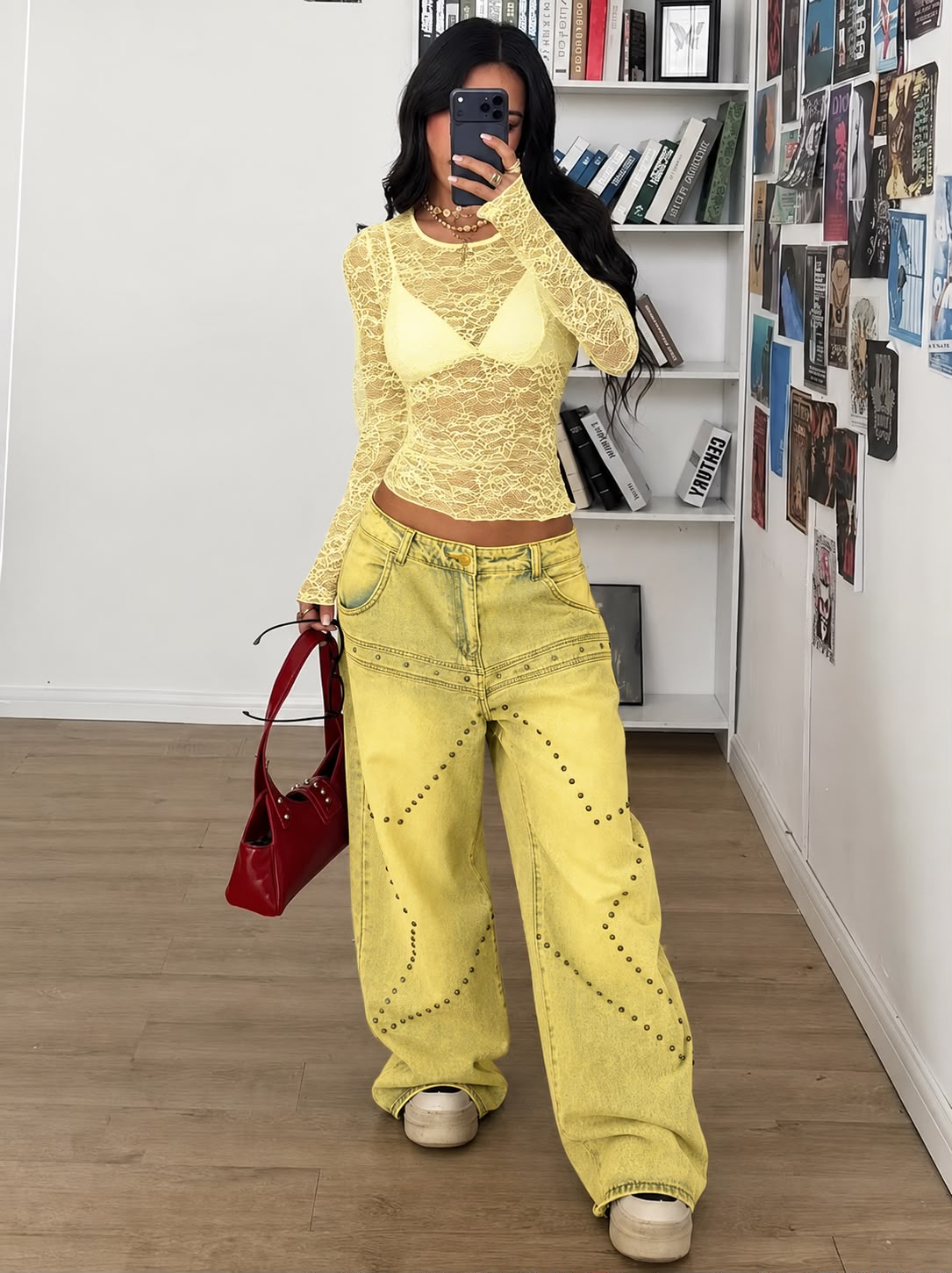 OOTDFY Women's Round Neck Yellow Lace Top product image 2