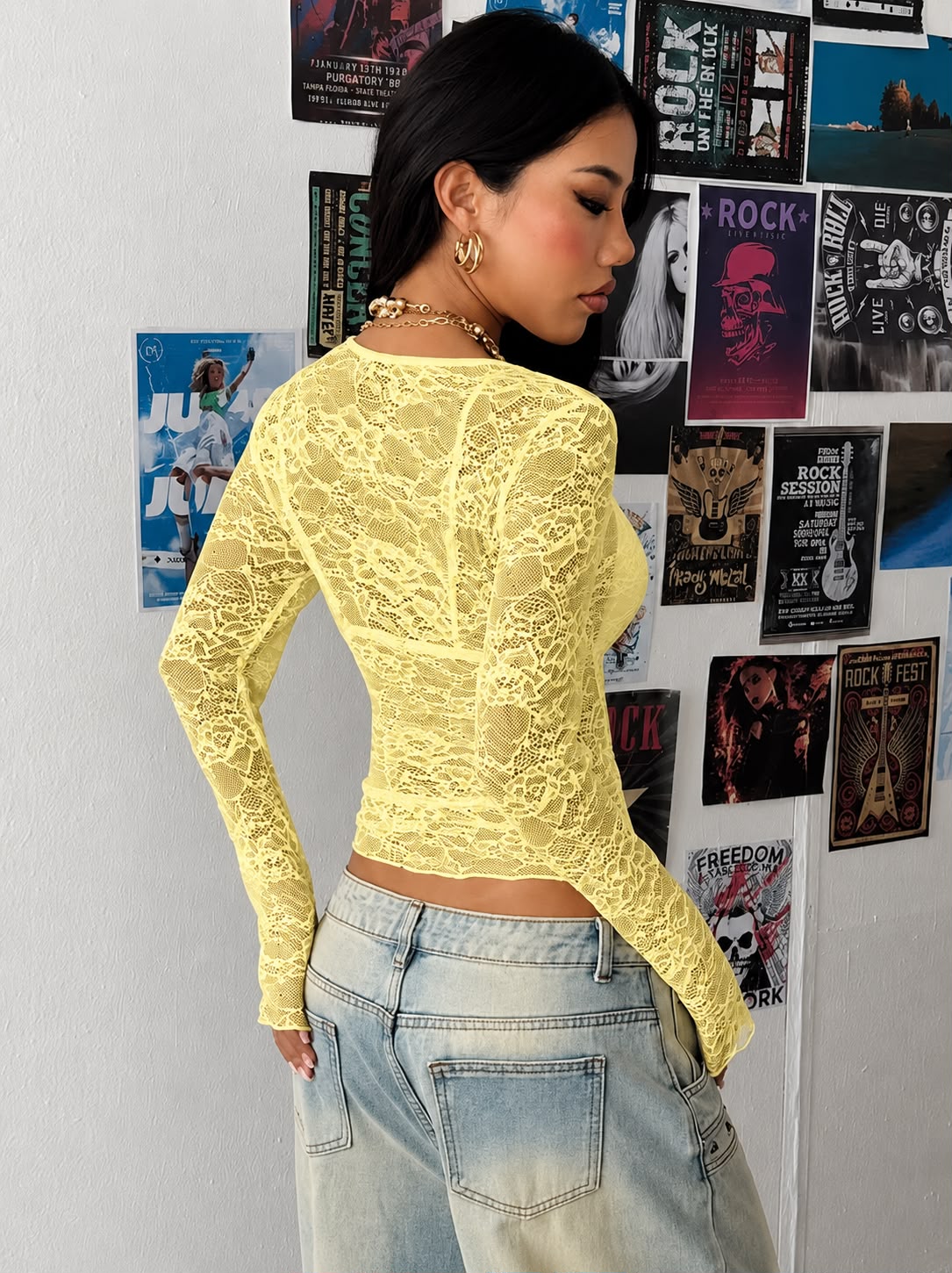 OOTDFY Women's Round Neck Yellow Lace Top product image 5