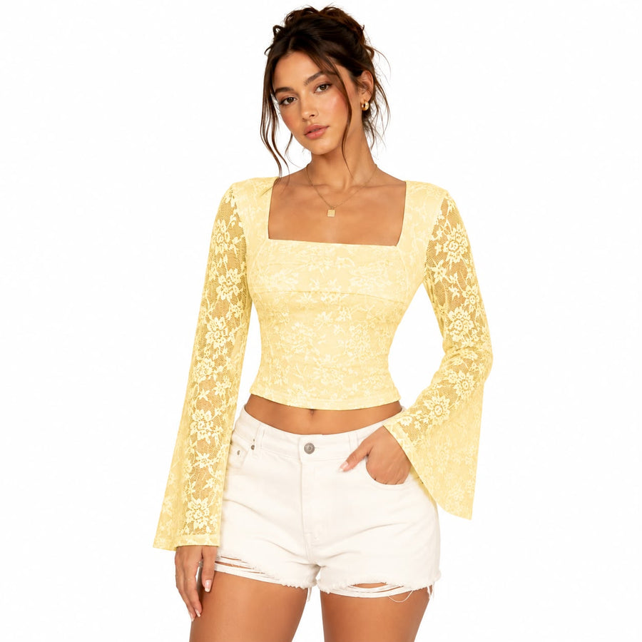 Yellow Bell Sleeve Lace Crop Top