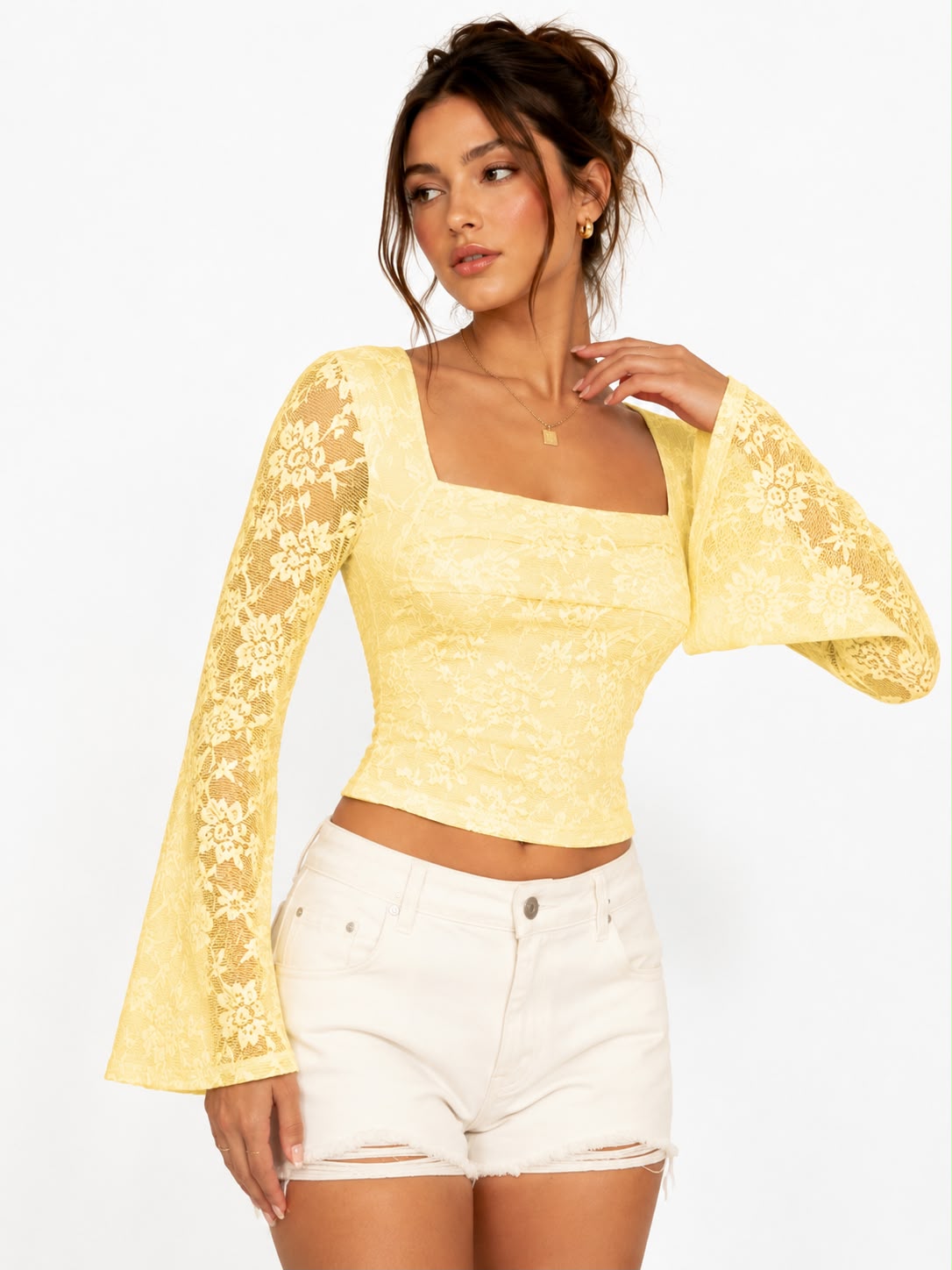 Yellow Bell Sleeve Lace Crop Top