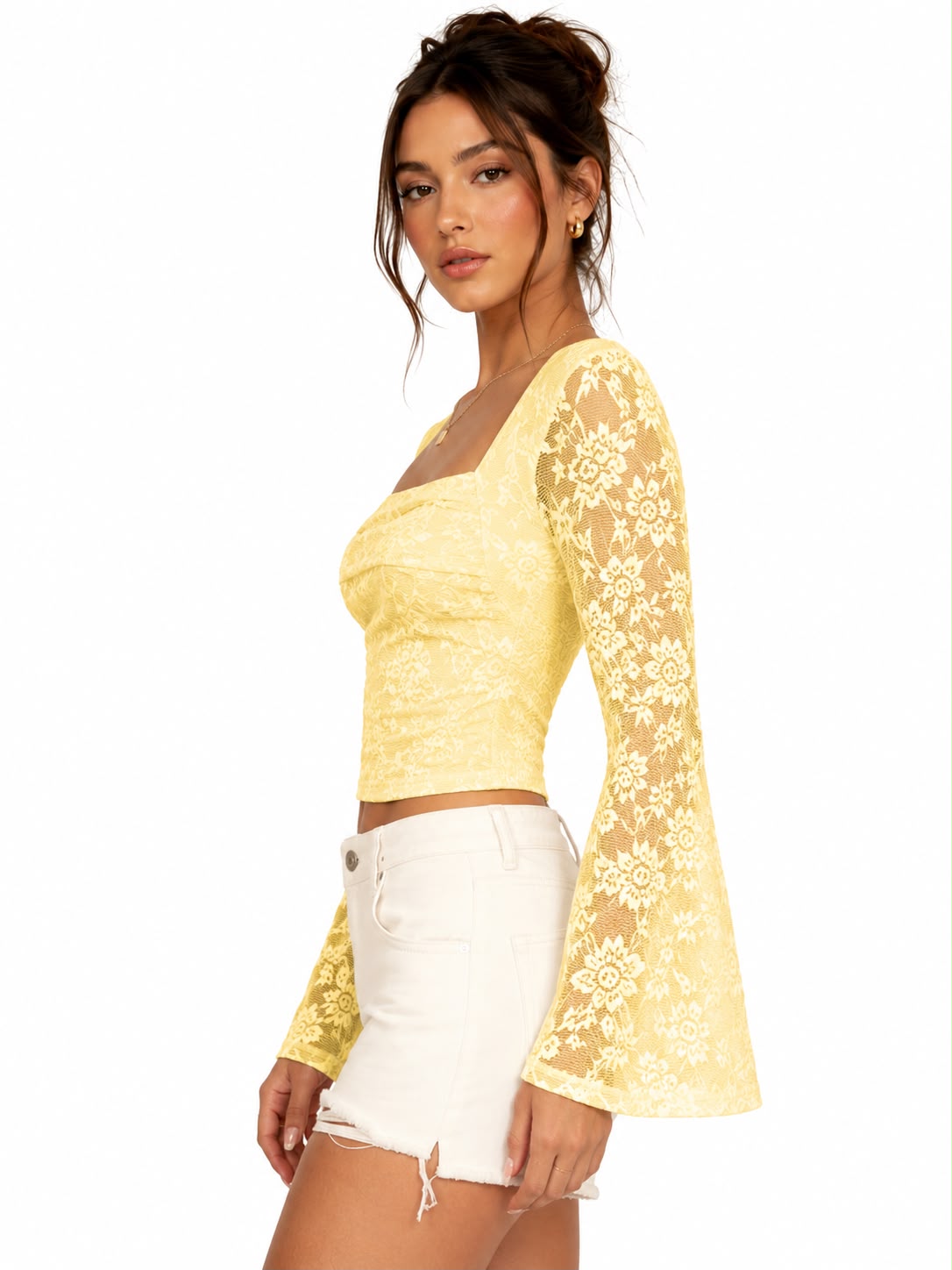 Yellow Bell Sleeve Lace Crop Top