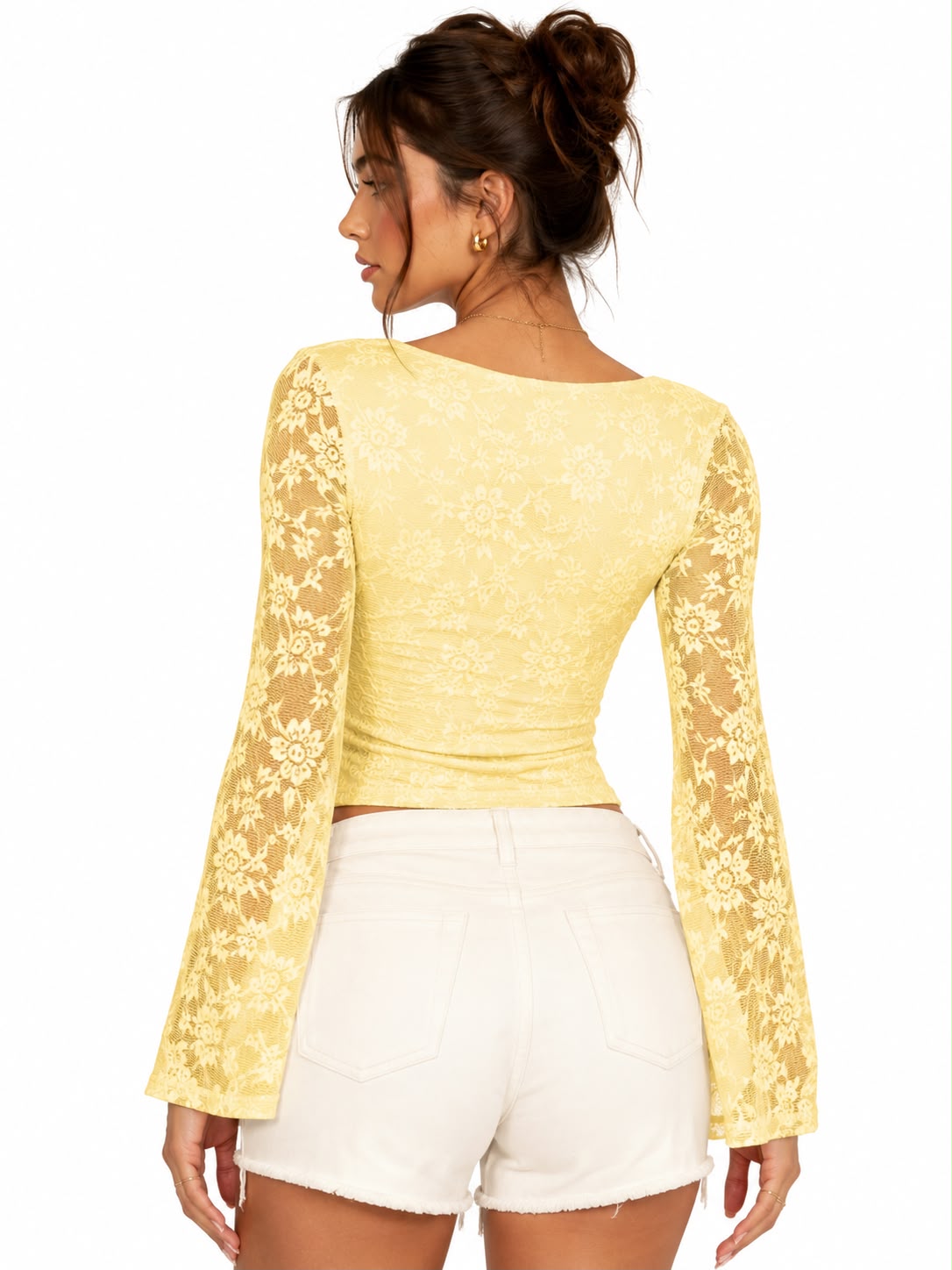Yellow Bell Sleeve Lace Crop Top