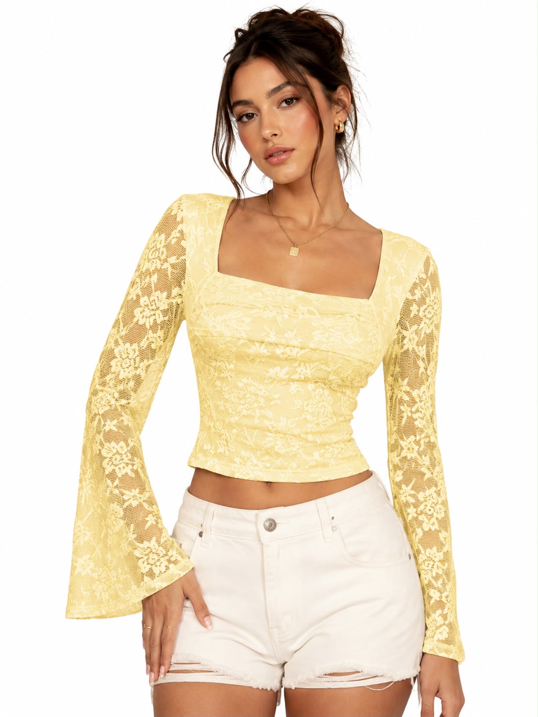 Yellow Bell Sleeve Lace Crop Top